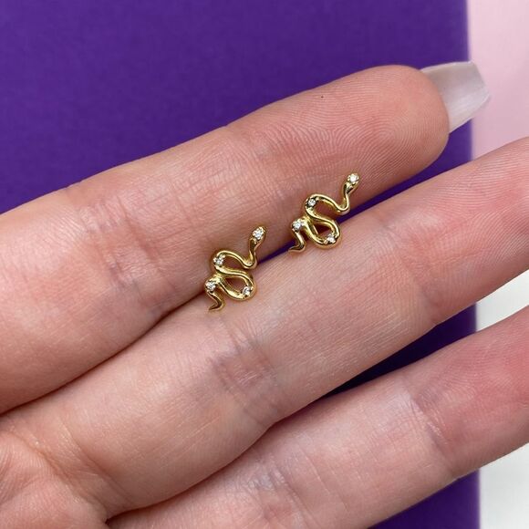 💛 New Yellow Gold Vermeil Crystal Snake Earrings - Picture 2 of 5